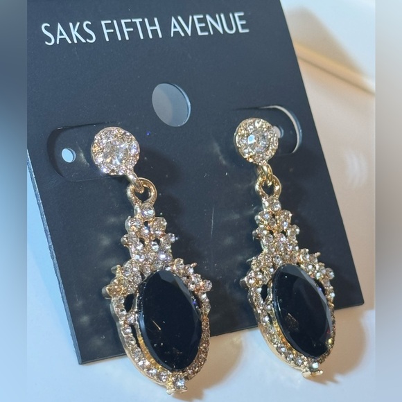 Saks Fifth Ave Gold Tone Black Crystal Post Dangle Earrings - Picture 3 of 6